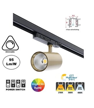 3 Fase LED Rail Spot ROS Koker, TRIAC-Dimbaar, Wattage switch: 10/20/30w, CCT-Switch, 950 tot 2850 lumen, CRI>90, Goud Behuizing , 3 Jaar Garantie